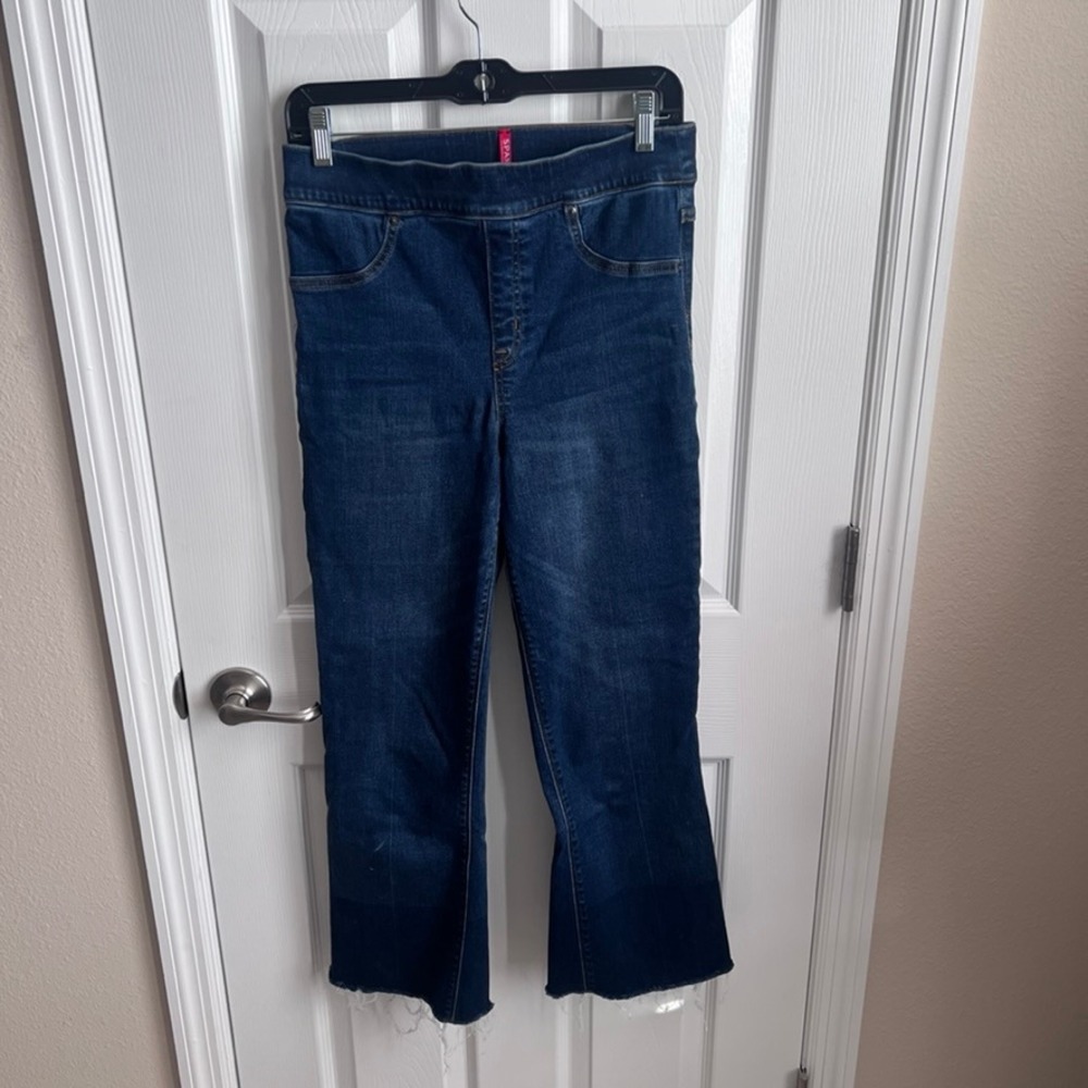 SPANX by Sara‎ Blakely Womens Bootcut Cropped Jeans Dark Wash Raw Hem Size M
